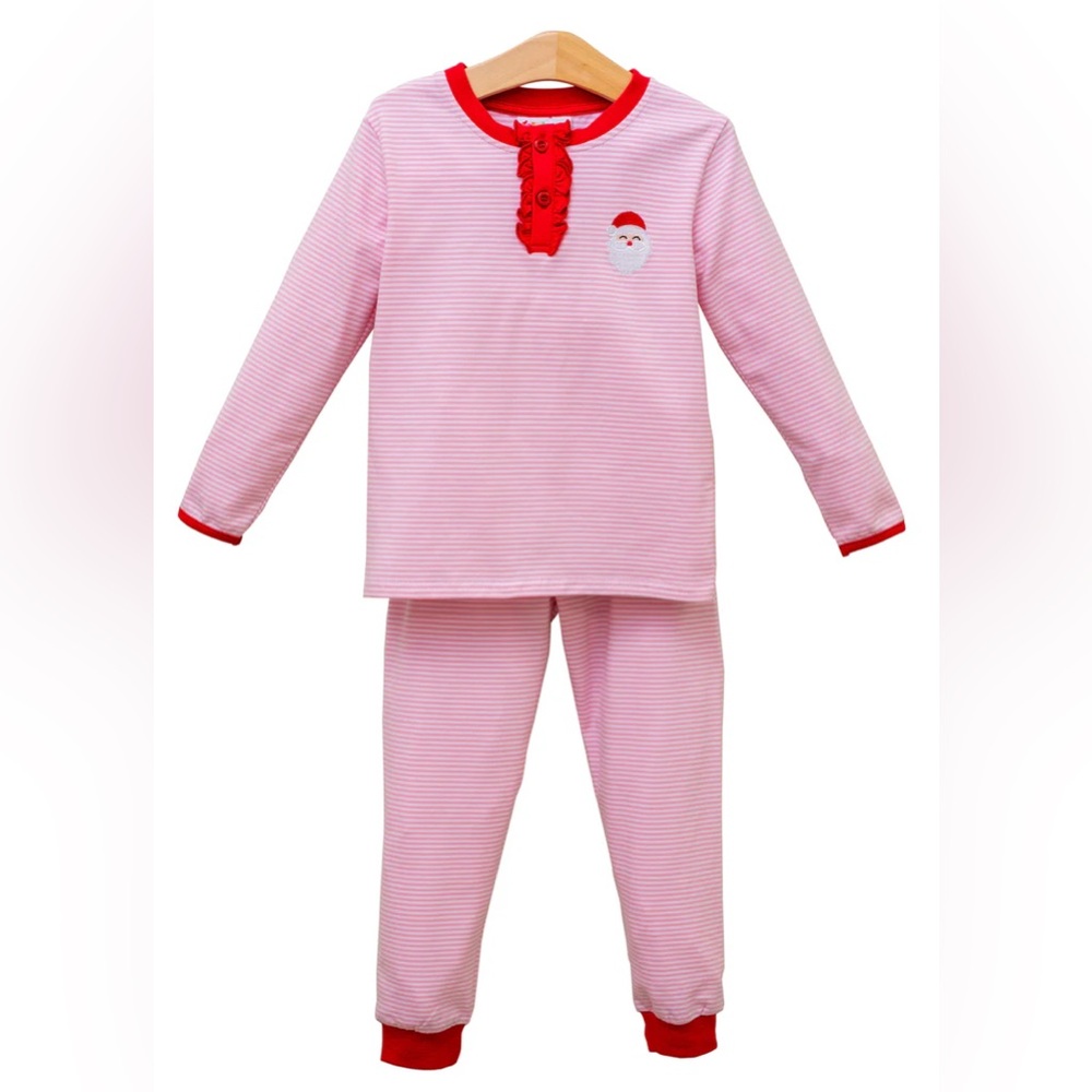 Jellybean Santa Embroidery Ruffle Pants PJ Set Monogrammed Clara 6M - Picture 6 of 7